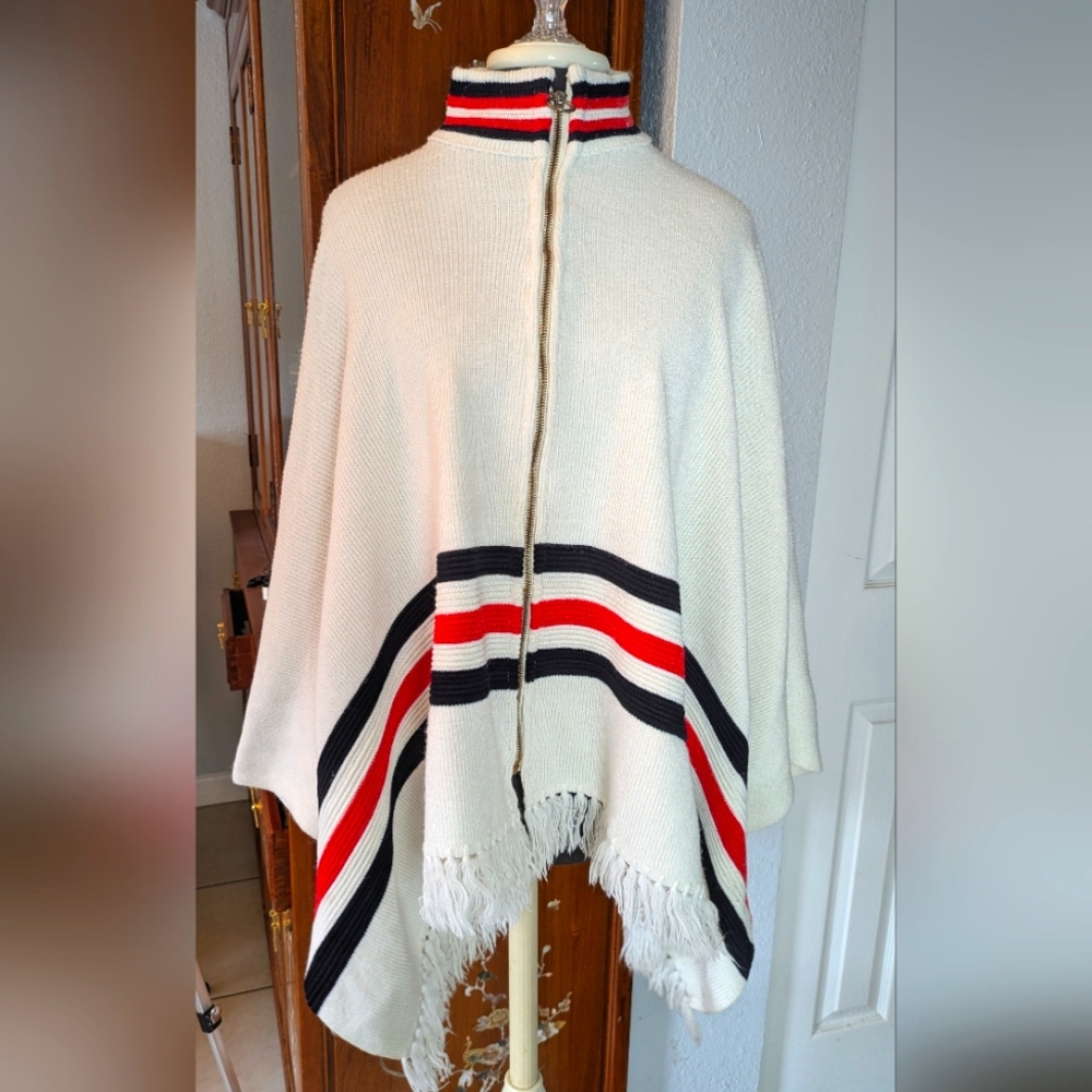 1960s Striped Fringe Zip Front Poncho